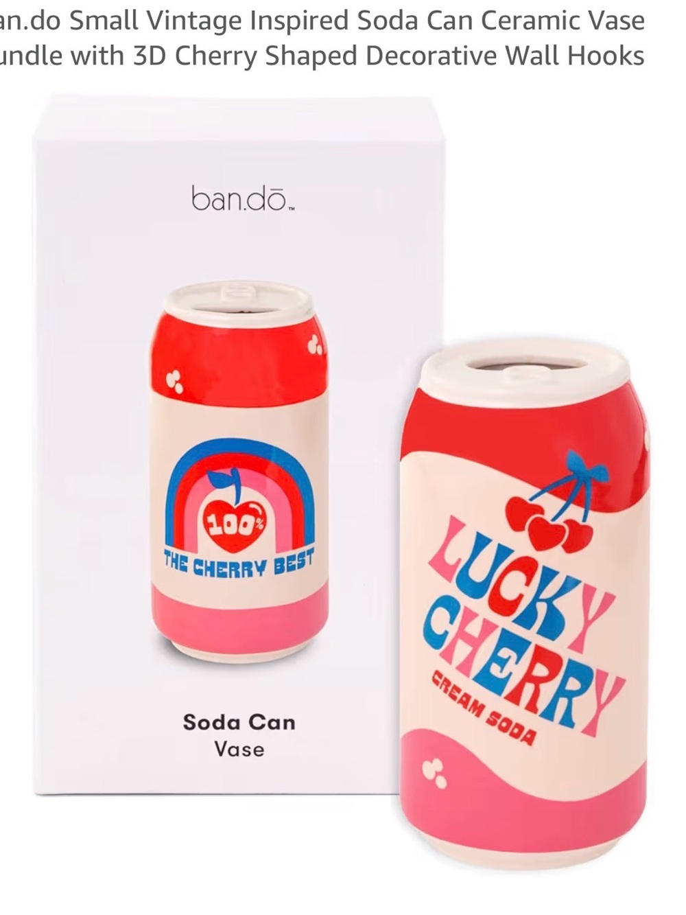 ban.do Lucky Cherry Retro Ceramic Soda Can Vase — Pink, Red & Blue